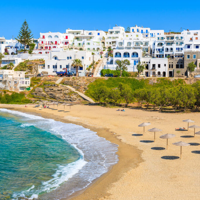 Greek island beach and whitewashed village